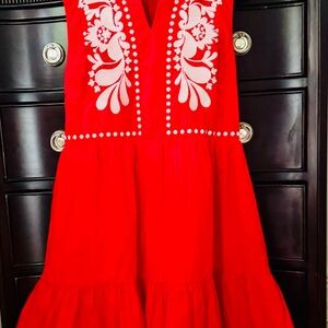 Avara NWT Size M Dress. True Red with White Embroidery
